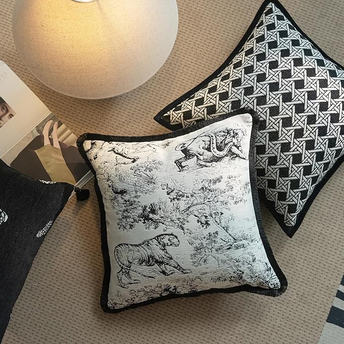 New 20x20'' inches Throw Pillow Cushion Covers - Black Jungle Tiger with Edge Strip Chenille Jacquard Embroidery Luxury Modern Style Couch Sofa Bed Pillow Cover for Living Room Bedroom