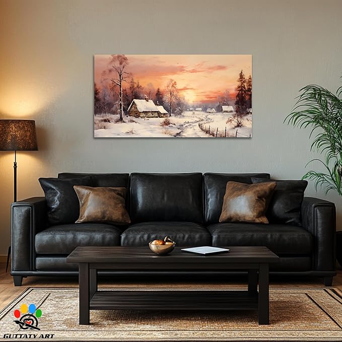 GUTTATY Christmas Winter Scene Canvas Wall Art, Cozy Snow Village Canvas Print, Rustic Country House Wall Painting, Winter Sunset Landscape Poster for Living Room, Bedroom, Hallway, 24x12 Inch