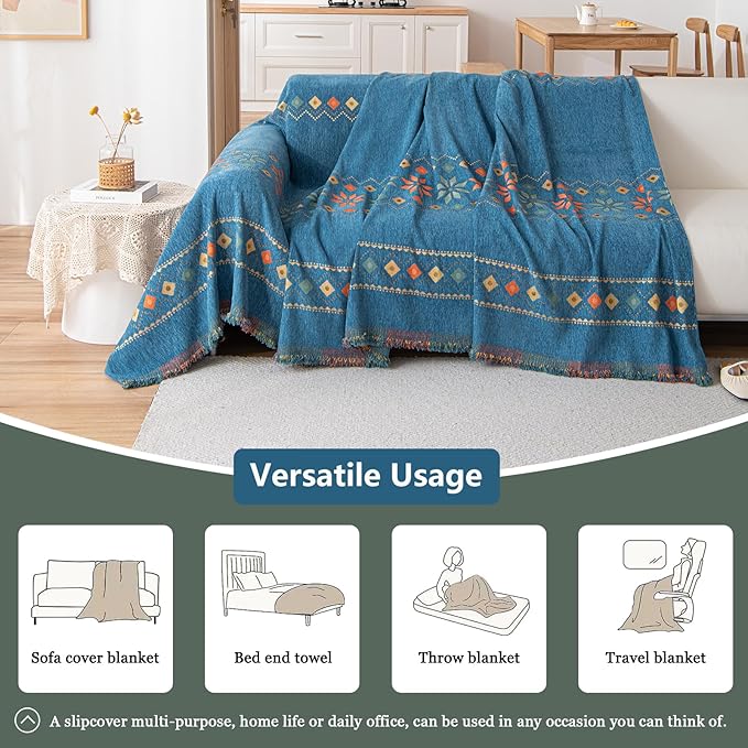 DREAMINGO Blue Boho Couch Cover Geometric Jacquard Sofa Covers for 2 Cushion Couch Loveseat Couch Cover for Pets Dogs Vintage Chenille Sofa Cover Blanket Furniture Protector Throw Slipcover,71"x118"