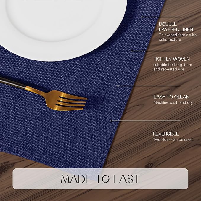 Romanstile Cloth Placemats Set of 8-12 x 18 Inch, Heat Resistant Double Layered Thickened Burlap Place Mats, Washable Faux Linen Farmhouse Table Mats for Kitchen/Dining/Party/Outdoor, Navy Blue