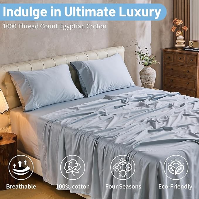 MEISHANG 1000 Thread Count Cotton Sheets King Size - 100% Egyptian Cotton, Sateen Weave, Soft & Breathable, Oeko-Tex Certified, 16" Deep Pockets - 4 Piece (King, Light Blue)
