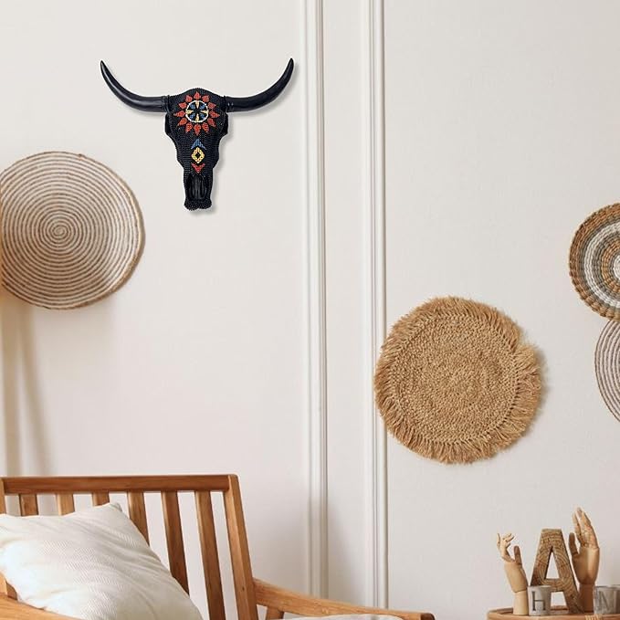 BestGiftEver Wall Sculpture Black Beaded Bull Skull - Steer Head Southwestern Rustic Aztec Tribal Style Wall Decor - Cow Skull Western Native American Home Decor for Hunting Enthusiasts