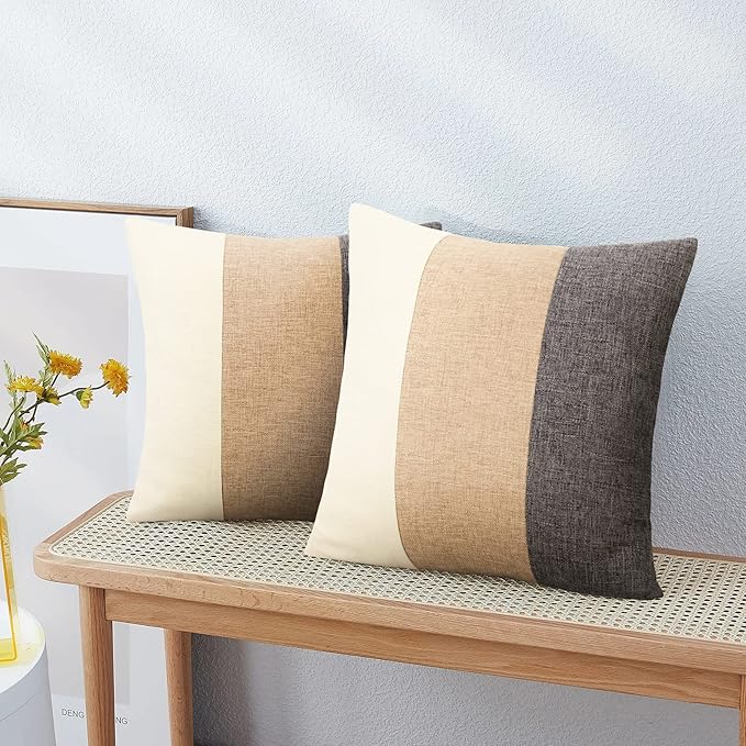 Pyonic Boho Farmhouse Throw Pillow Covers 18x18,Decorative Square Pillowcases Home Cushion Covers Case for Bed Couch Sofa,Tan Cream White and Grey,Set of 2