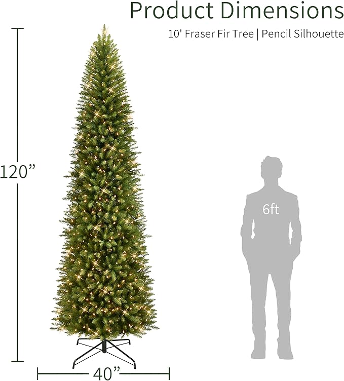 Puleo International 10ft Pre-Lit Slim Fraser Fir Christmas Tree with 650 Clear Lights, 2436 Realistic Dense Branch Tips, Easy Setup Artificial Trees with Sturdy Metal Stand