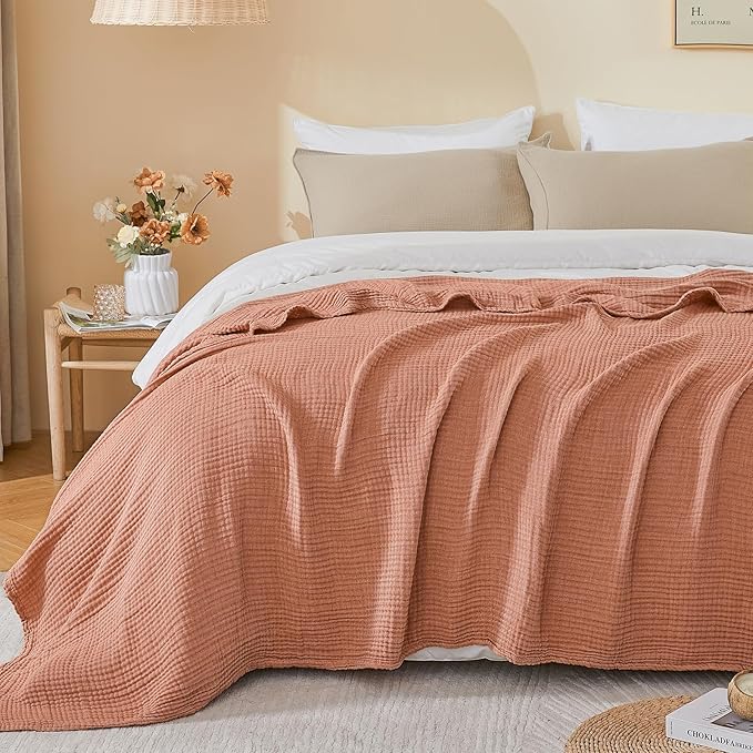 EMME Cotton Muslin King Blanket Bed Layering Breathable Gauze Blanket Soft Lightweight Blankets Adults (Orange Rust, 108"x90")