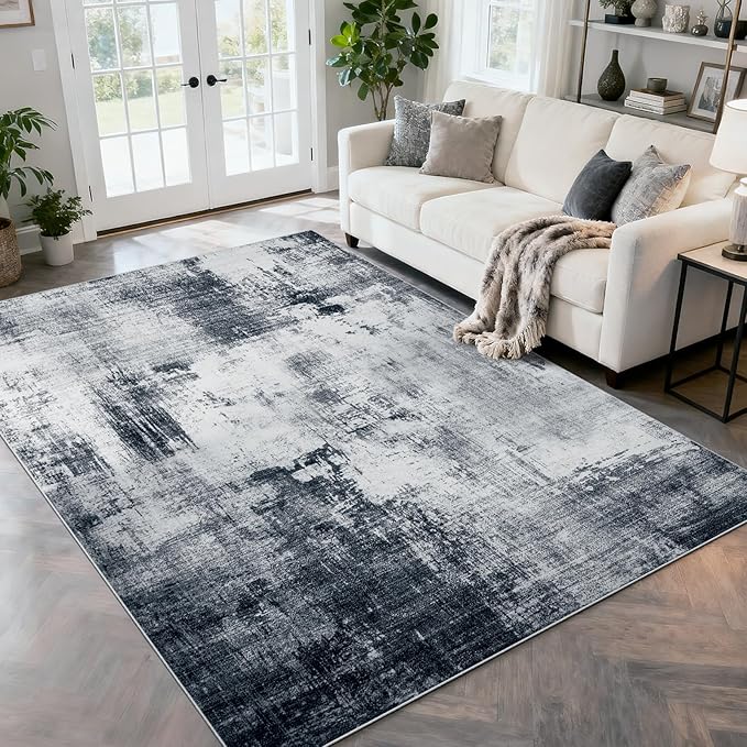 Area Rug 5x7 Living Room Rugs, Modern Abstract Washable Rug，Non-Slip Stain Resistant Carpet for Entryway Bedroom Dining Room Farmhouse Nursery Home Office-Abstract Blue Gray
