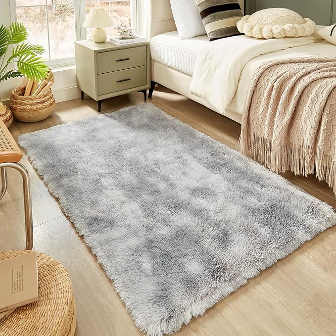 Floralux Rugs for Bedroom 3x5, Tie-Dyed Light Grey Area Rug for Living Room, Fluffy Shag Carpets, Non-Slip Indoor Floor Carpet for Kids Girls and Boys, Preppy Dorms, Nursery, Home Decor Aesthetic