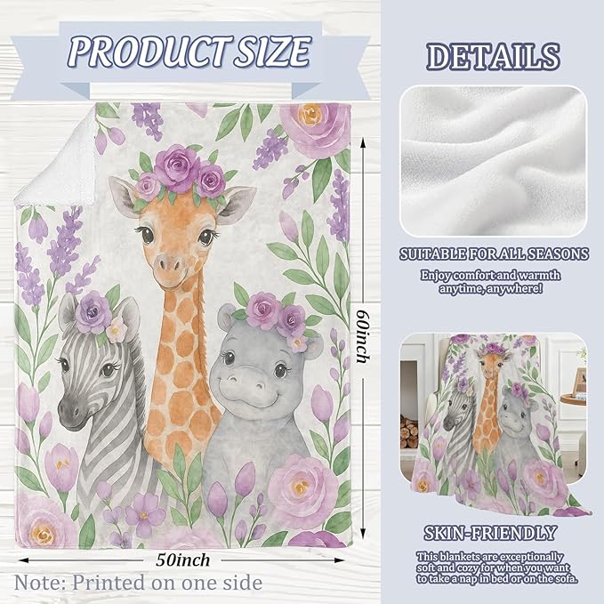 Cute Giraffe, Hippo and Zebra Blanket, Watercolor Floral 60 x 50 Inch Flannel Throw Blanket, Gifts for Women Kids, Lightweight Cozy Warm Blankets for Sofa Travel Home Decor