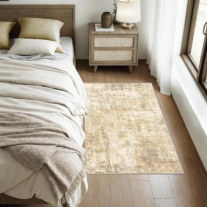 2x3 Modern Abstract Rug Washable Area Rugs for Living Room Bedroom Dining Room Non-Slip Low Pile Neutral Large Rug Soft Indoor Floor Carpet, Gold