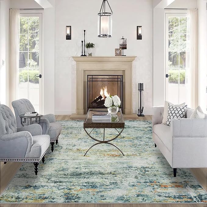 Area Rugs 9x12 Living Room: Large Machine Washable Area Rug with Non Slip Backing Non Shedding Abstract Stain Resistant Carpet for Bedroom Dining Room Nursery Home Office - Sage Green/Multi