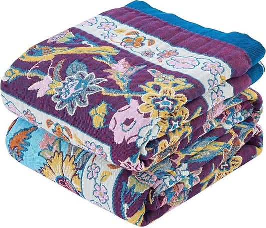 Fall Blanket for Bed, 100% Cotton Soft Rustic Boho Throw Blanket Quilt, 50"x60" Farmhouse Decor Bed Flower Blankets, Light Weight Reversible Bohemian Throw Quilt