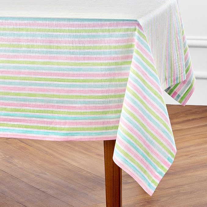 Solino Home Linen Tablecloth 60 x 108 Inch - 100% Pure Linen Multicolor Palm Beach Stripe Table Cloth for Rectangle Tables - Machine Washable Tablecloth