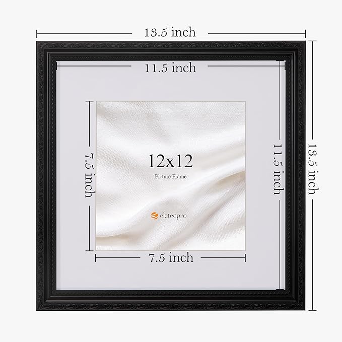 eletecpro 12x12 Picture Frames Set of 2, Vintage Photo Frames with Glass, Ornate Frame 12 x 12 Display 8x8 Photo with Mat or 12x12 without Mat for Home Wall Decor, Black