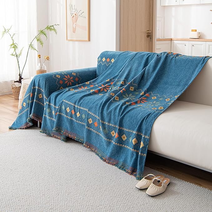 DREAMINGO Blue Boho Couch Cover Geometric Jacquard Sofa Covers for 2 Cushion Couch Loveseat Couch Cover for Pets Dogs Vintage Chenille Sofa Cover Blanket Furniture Protector Throw Slipcover,71"x118"