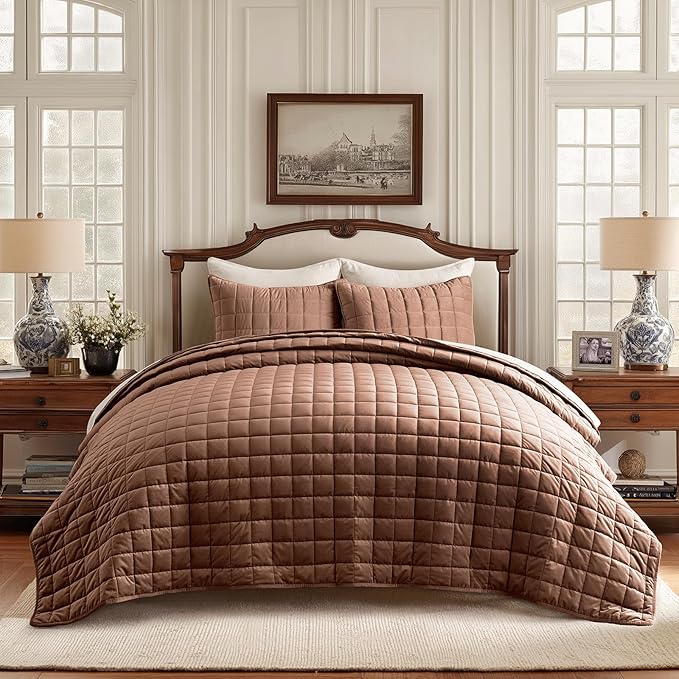 EVERGRACE Pearl Velvet Quilt Full Queen Size Bedding Sets, Luxurious Soft Velvet Comforter Set, Lightweight Box Stitching Oversized Bedspread Coverlet for All Season, with 2 Shams, Terracotta Clay
