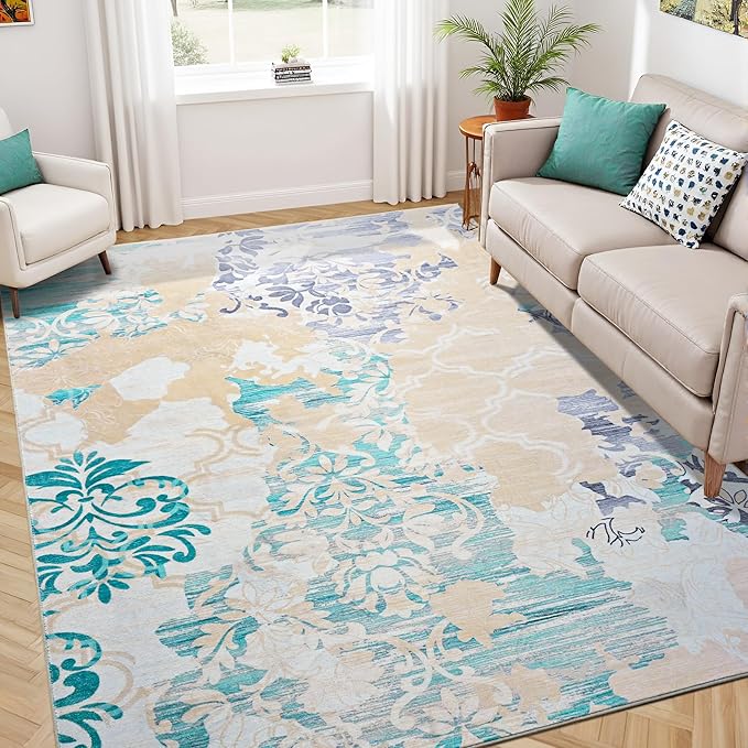 Keeko 5x7 Area Rugs for Living Room, Modern Abstract Floral Pattern Rugs for Bedroom, Soft Washable Rug with Non-Slip Backing Low-Pile Non-Shedding Carpet for Kitchen Home Office Dining Table - Beige