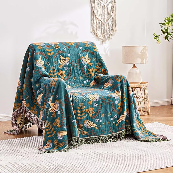 Boho Throw Blanket, 100% Cotton Ultra Soft Luxury Throw Rustic Quilt, 90"x98" Floral Printed Farmhouse Decor Bed Summer Blankets, All Season Rustic Reversible Bohemian Throw for Bed - Blue