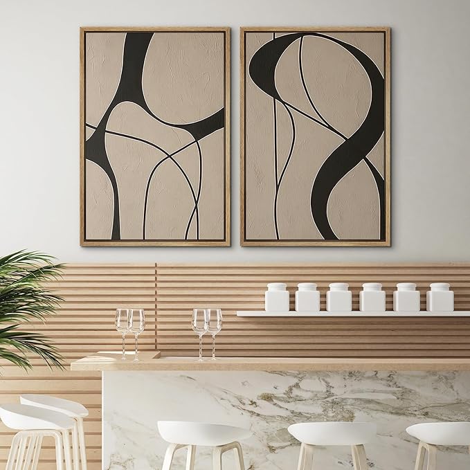 SIGNWIN Framed Canvas Print Wall Art Set Neutral Beige and Black Abstract Line Modern Minimalist Modern Art Minimal Boho Relax/Calm for Living Room, Bedroom, Office - 16"x24"x2 Natural
