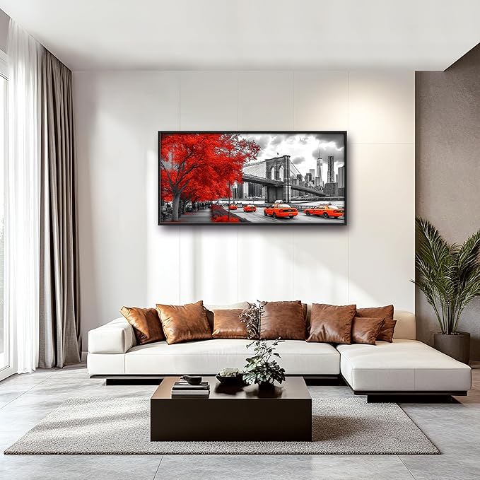 Brooklyn Bridge Large Wall Art Black and White Framed Red Wall Decor for Living Room New York City Pictures Oversized Canvas Print Painting Modern Extra Large Artwork for Bedroom Office 60"x30"