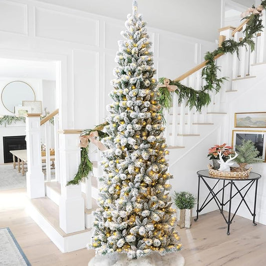 Glitzhome 11ft Prelit Artificial Christmas Tree, Flocked Pencil Christmas Tree with 700 Warm White/Multi-Color Lights, Remote Controlled Slim Pine Christmas Tree with Lights for Indoor Holiday Decor