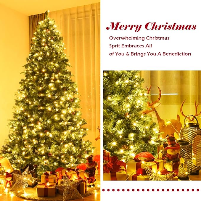 GOFLAME 8ft Artificial Pre-lit Christmas Tree with Warm White LED Lights and Pine Cones, Home Holiday Décor, Hinged, 1335 Branches for Indoor Decoration, Easy Setup