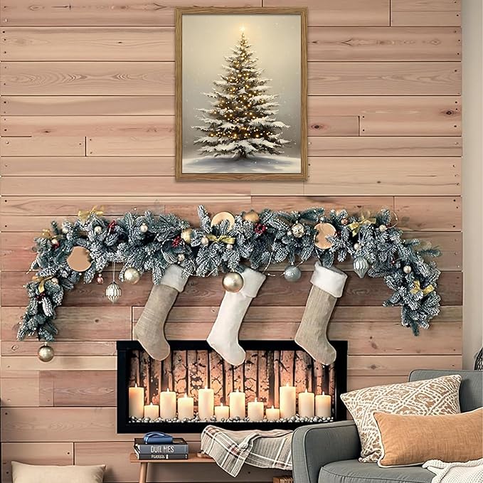 Vintage Christmas Pictures Wall Decor, Framed Christmas Tree Wall Art, Rustic Winter Holiday Pine Tree Print, Snowscape Botanical Canvas Artwork for Living Room Bedroom – 12x16in