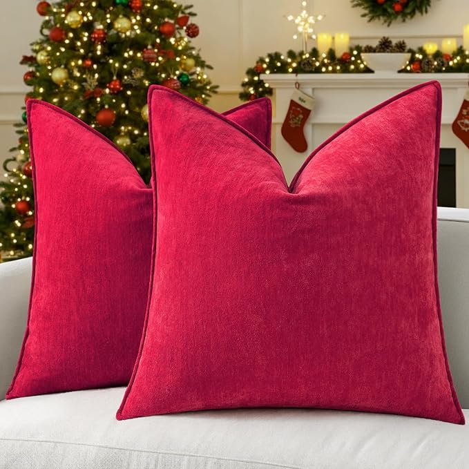 decorUhome Christmas Couch Throw Pillow Covers 18x18 Set of 2, Decorative Soft Euro Velvet Neutral Chenille Pillow Covers with Elegant Design for Sofa Bed Living Room Home Decor, Red