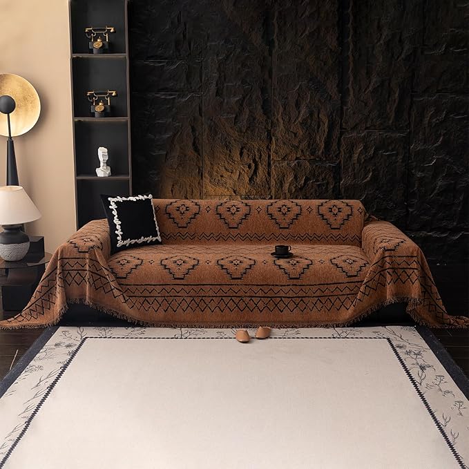 VClife Bohemian Sofa Covers Chenille Couch Cover for Sectional Couch, Soft Non Slip Couch Covers for 3 Cushion Sofa Breathable Sofa Furniture Protector Slip Cover for Couch, Pumpkin, 71"X150"
