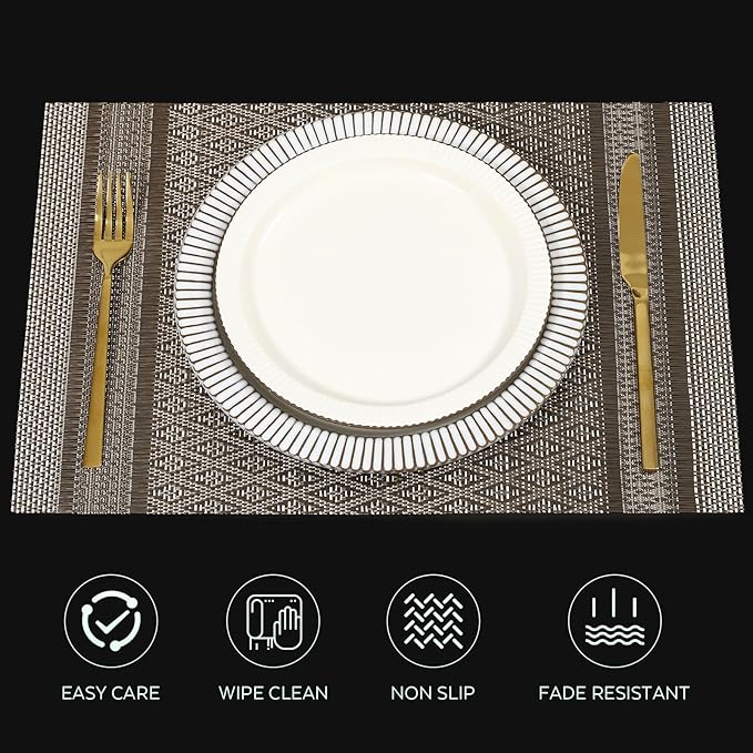 FAVE Placemats Set of 6 Brown Placemat Woven with Silver Thread Vinyl Placemats Heat Resistant Table Mats Set of 6 High Texture Place Mats for Kitchen Table(Brown)