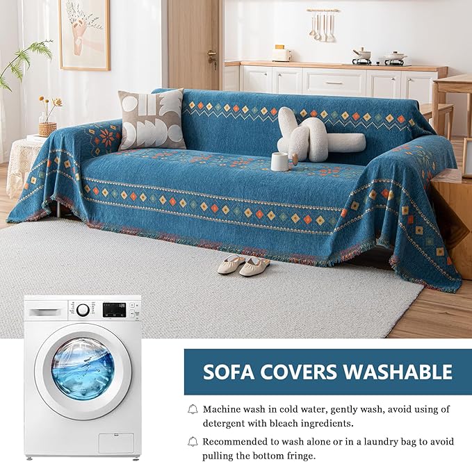 DREAMINGO Boho Couch Covers for Sectional Sofa Chenille 3-Seater Sofa Covers Washable Anti Slip Geometric Jacquard Couch Cover Blanket for Living Room, Blue, 71"x150"