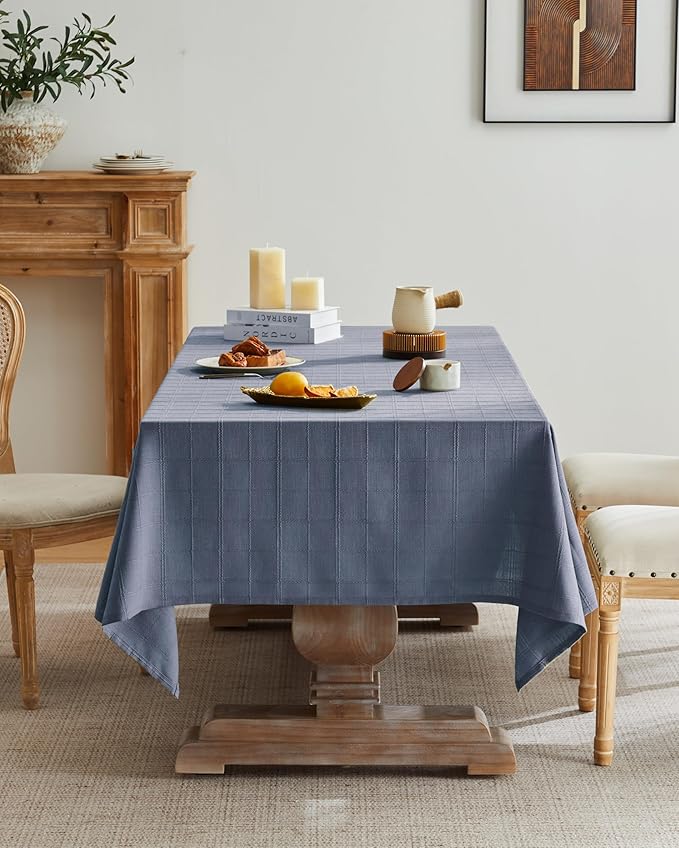 ZeeMart Linen Checked Table Cloth, Farmhouse Style Plaid Embroidered Blue Tablecloth, Water Resistant Rectangle Table Cloth, Blue 60x84 Inches