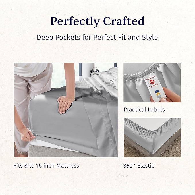 California Design Den Queen Size Sheet Set - Luxury 600 Thread Count Sateen, 100% Cotton Sheets, Deep Pockets with All Around Elastic for a Snug Fit, Hotel Quality Bedding Set - Light Grey