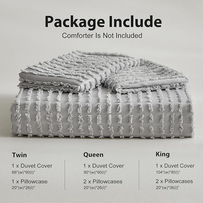 WARMDERN Boho Duvet Cover Set Queen Size,Grey Striped Duvet Cover Microfiber Bedding Set,3PCS Ultra Soft Breathable Lightweight Tuft Texture Pattern Duvet Covers with Zipper Closure(Grey,Queen)