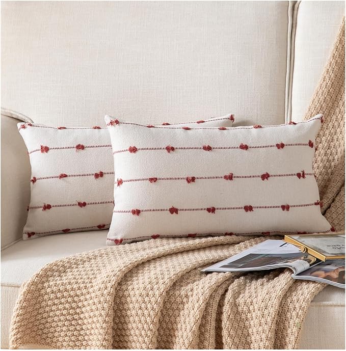 Caflife Boho Throw Pillow Covers 12x20 inches Beige and Rust, Set of 2 Modern Farmhouse Decorative Pillow Covers for Couch Bed, Living Room