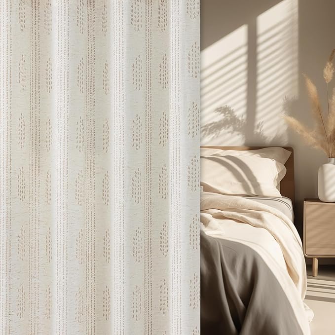 Boho Linen Curtains for Bedroom Living Room Taupe Farmhouse Boho Curtains 63 Inch Length Geometric Striped Patterned Mudcloth Grommet Top Light Filtering Window Drapes 2 Panels Taupe on Beige