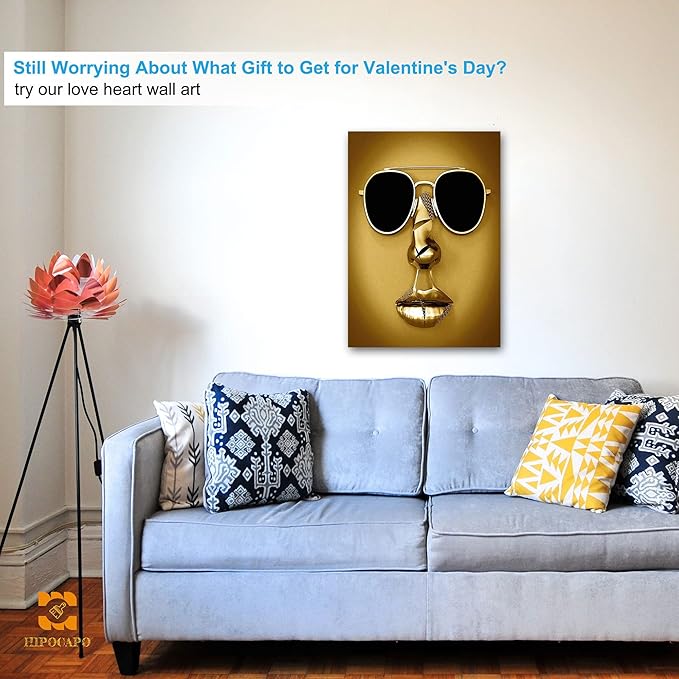 3D Metal Effect Wall Art - 3D Wall Art Decor Artwork Wear Sunglasses Golden Figure Statue Modern Art Canvas Painting, Large Wall Art for Bedroom Dercorations Framed 28”x40”x1Pcs