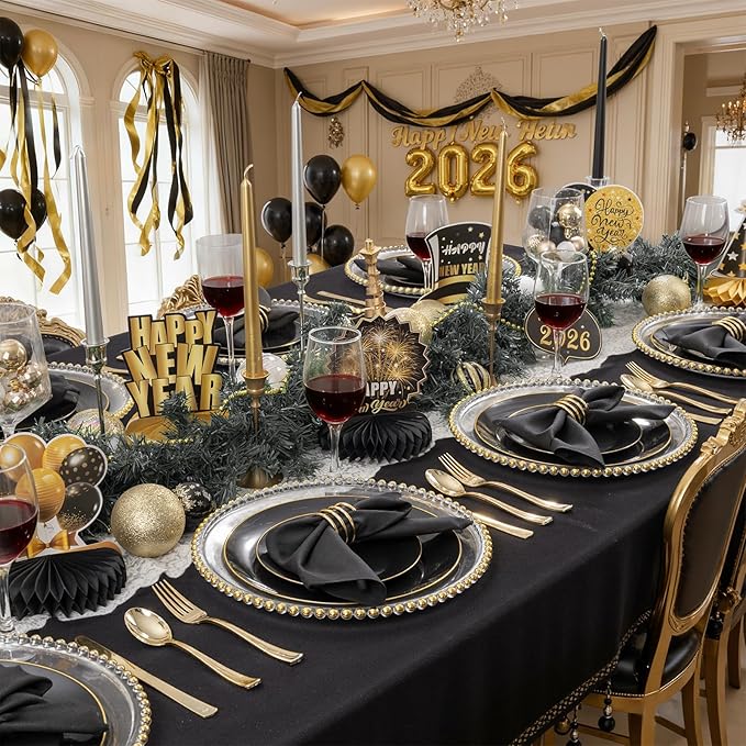 KIRE 350 PCS Plastic Dinnerware Set for 50 Guests - Black and Gold Plates 50 for Dinner 50 for Dessert & 50 Pre Rolled Napkins with Disposable Silverware 50 Cups for New Year/Banquet/Wedding