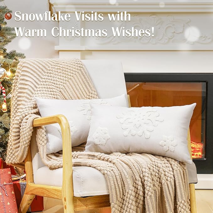 Lewondr Christmas Throw Pillow Cover, 2 Pack Snowflake Embroidery Decorative Throw Pillow Case Linen Sofa Cushion Cover for Party Thanksgiving Day Xmas Decor 12"x20"(30x50cm) - White