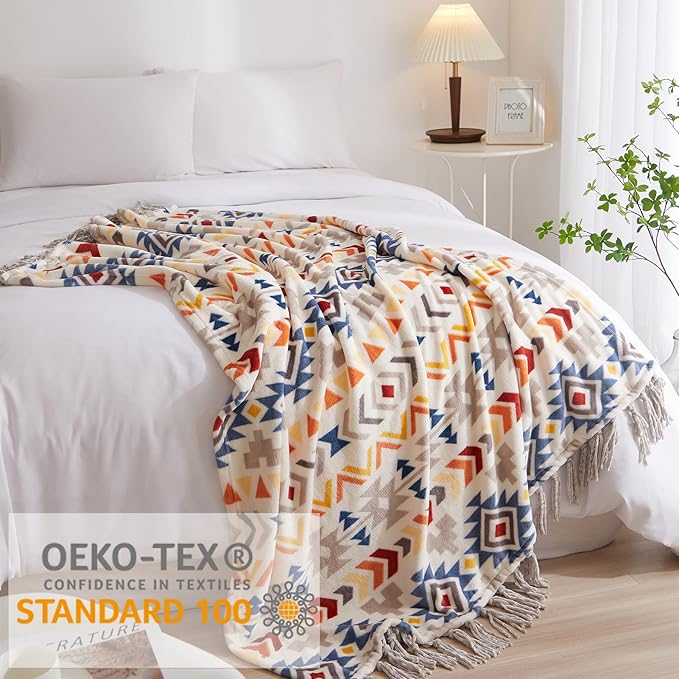 CASAAGUSTO Boho Throw Blanket - Colorful Decorative Blankets with Tassel, Printed Flannel Bohemian Blanket for Chair, Bed, Sofa, Couch(50 * 60, Colorful)