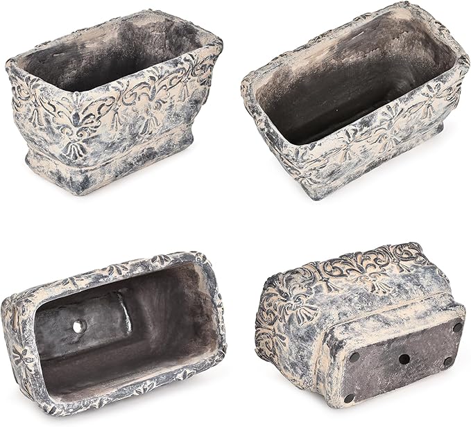 Sungmor 9.2 Inch Cement Plant Pot for Plants, Succulent Planter with Embossed Design, Vintage Concrete Flowerpots with Drainage Hole, Decorative Orchid Houseplant Pot Indoor Outdoor Plant Container