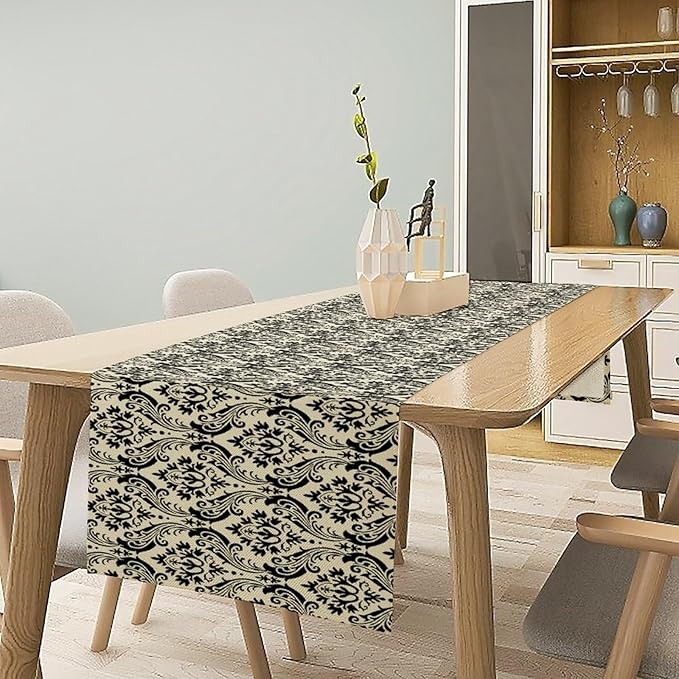 Vintage Damask Pattern Table Runner,Black Beige Textured Table Runner for Kitchen Dining Party Decor 13x60in
