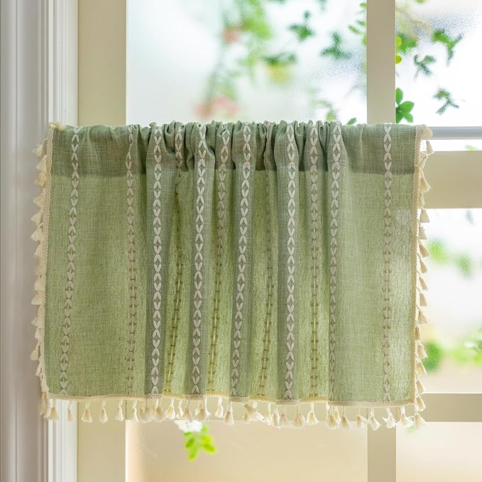Sutuo Home Boho Short Valance Curtains with Tassles, Bohemian Linen Light Filtering Vintage French Country Christmas Window Treatment Embroidery Drape, Rod Pocket 1 Panel 52" W x 18" L, Sage Green
