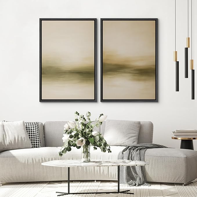 SIGNWIN Framed Canvas Print Wall Art Set Golden Horizon Mist Neutral Beige and Olive Gradient Abstract Landscape Zen Bohemian for Living Room, Bedroom, Office - 24"x36"x2 BLACK