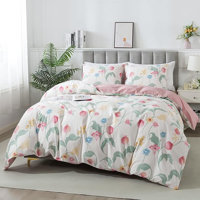 HoneiLife Queen Size Duvet Cover - Fruits Comforter Cover 3-PC, Botanical Bedlinen Set with Zipper Closure & Corner Ties, Pomegranate Comforter Cover Sets 100% Cotton