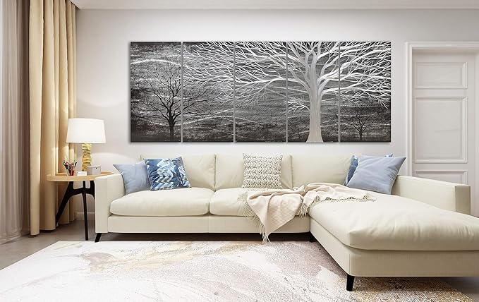 Yihui Arts Tree Metal Wall Art For Living Room Black Grey Silver Color Pictuers For Decor