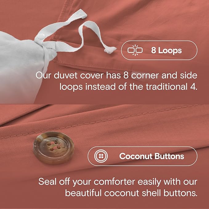 DOZ 100% Long Staple Cotton Duvet Cover Set, Soft Sateen Weave, Smooth, Breathable, Hotel Comfort, 90"x90", 8 Loops, 3pc – 2 Pillowcases 1 Duvet Cover (Clay, Full/Queen)