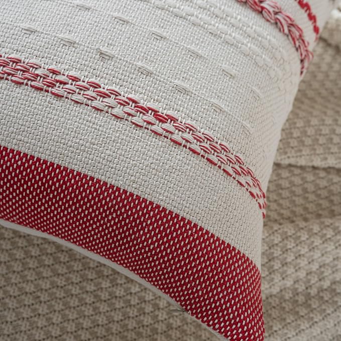 Christmas Pillow Covers 12x20 Inch Set of 2, Red Textured Boho Christmas Decorative Couch Pillow Cases for Farmhouse Home Decor, Accent Cushion Cover for Sofa, Bed, Living Room, Bedroom