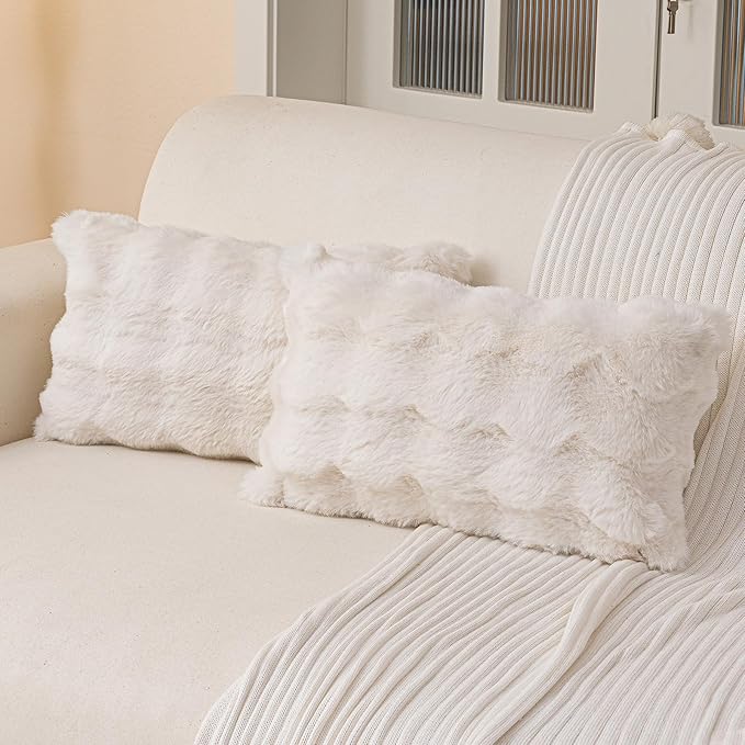 Faux Fur Throw Pillow Covers(Pack of Two, Beige White) 18×20 Inch Decorative Pillows Cover Neutral Soft Chenille Couch Pillows with Zipper Aesthetic for Living Room and Bedroom