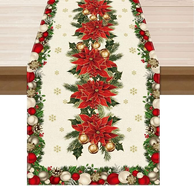 XCHI Christmas Poinsettias Leaves Bells Snowflakes Winter Xmas Table Runner Table Decoration for Home Kitchen Dining Holiday Decor 13x108 Inch
