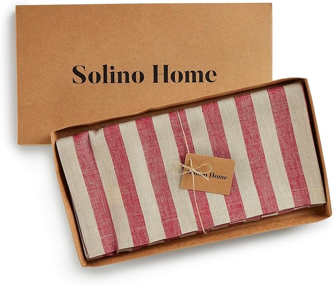 Solino Home Linen Square Tablecloth 52 x 52 Inch - Sorrento Stripe, 100% Pure Linen Red and Natural Table Throw - Machine Washable Tablecloth for Fall, Autumn, Thanksgiving, Christmas